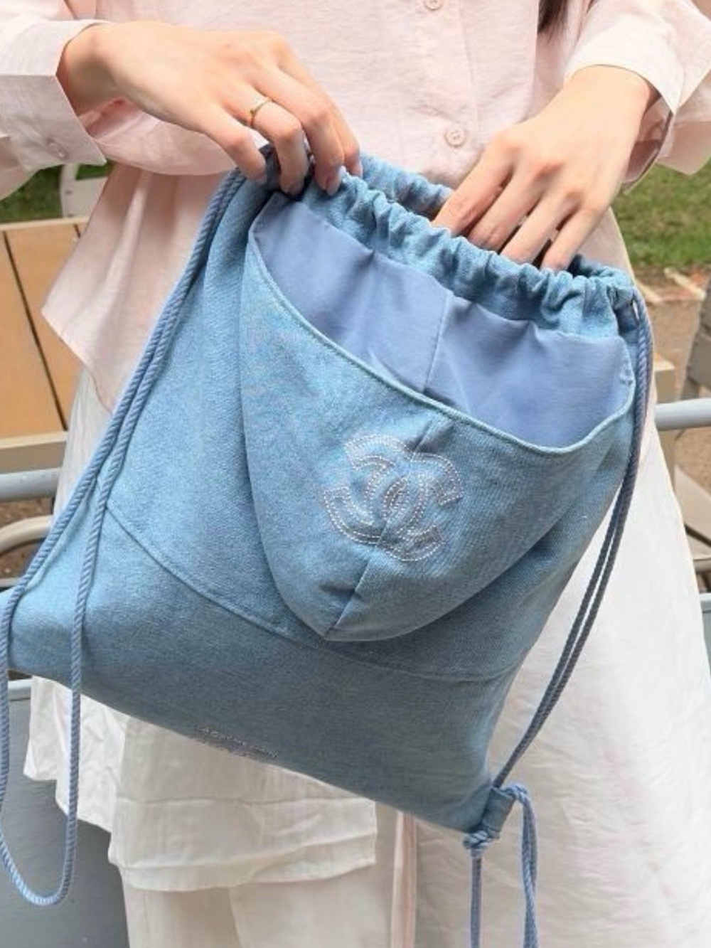Light Blue Drawstring Backpack; New! - Picture 3 of 4